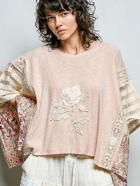 POL Pink Lace Paneled Rose Appliqué Boho Top